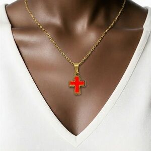 Stainless steels Gold Cross Pendant Necklace with Red Enamel